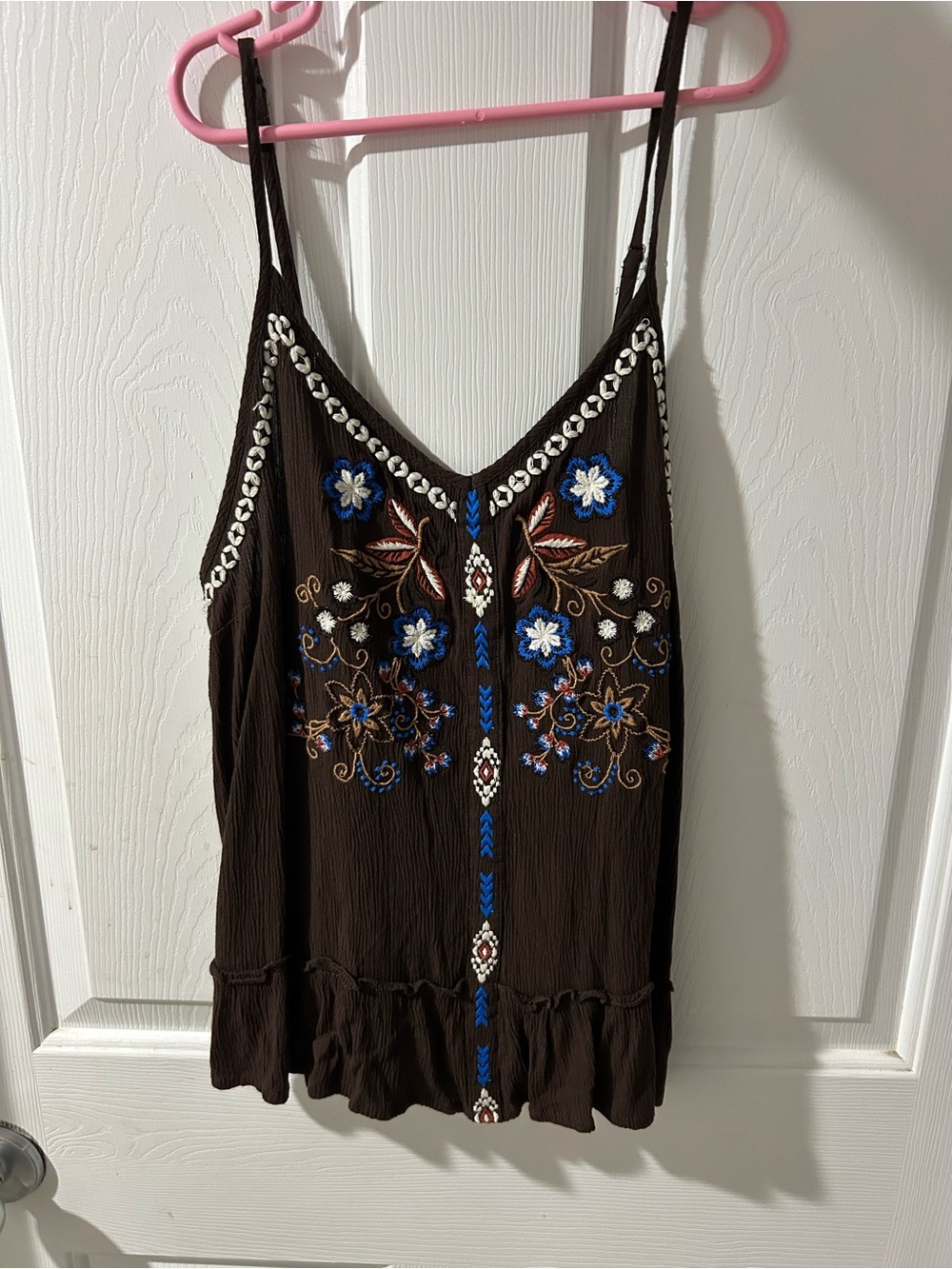 Shyanne Brown Embroidered Floral Spaghetti Strap Tank